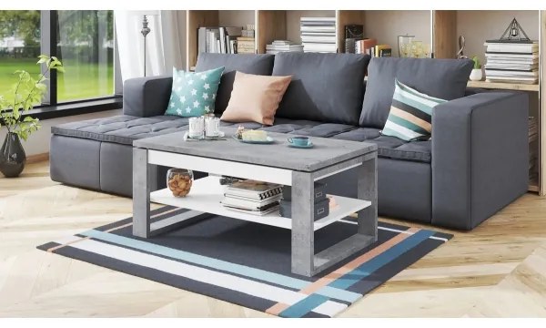 Konferenčný stôl so zdvíhacou doskou a policou NEA šedý betón/biela