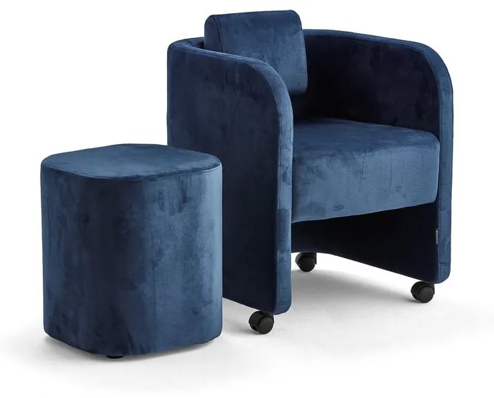 Nábytková zostava COMFY, kreslo + taburet, s kolieskami, zamat, modrá