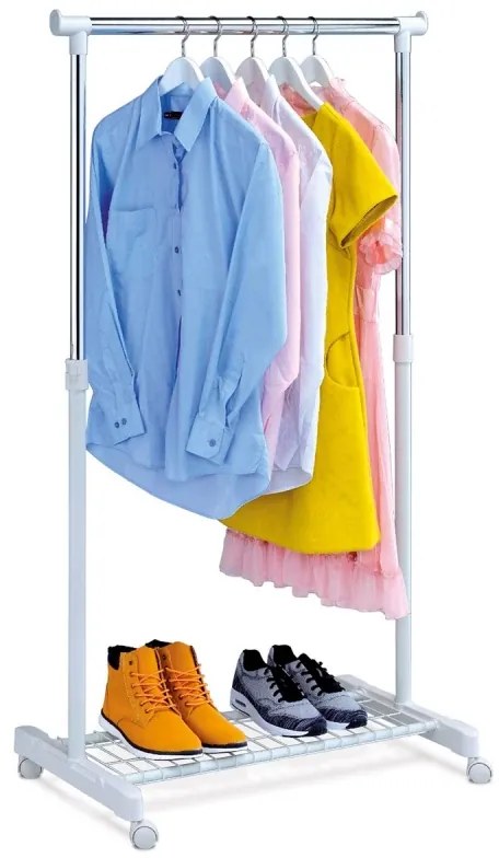 Stojan na šaty jednoramenný, s odkladačem, bílá barva, kov / plast, chrom