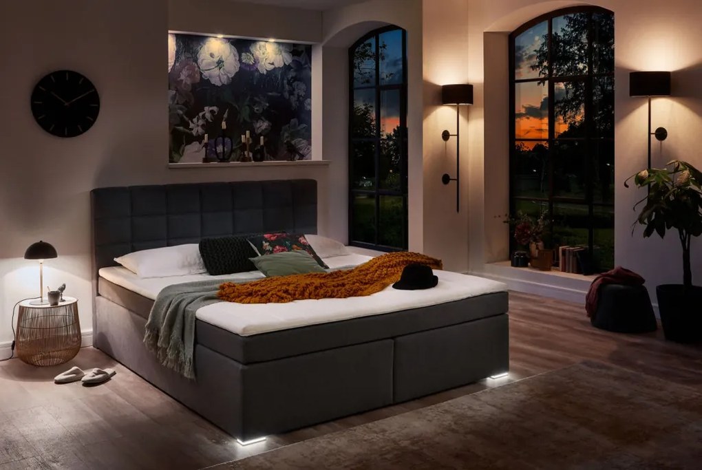 Posteľ boxspring s osvetlením Fargo 180x200 cm, šedá látka