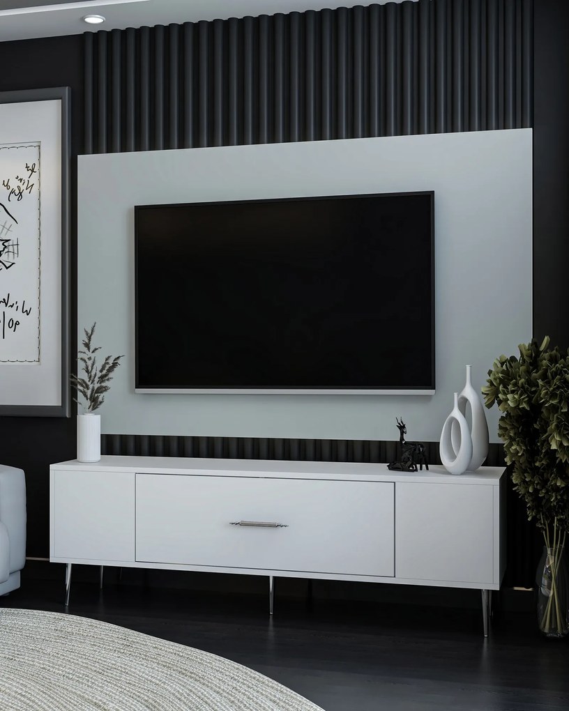 TV stolík/skrinka Dekondino (biela + strieborná). Akcia -21%. Vlastná spoľahlivá doprava až k Vám domov. 1127724