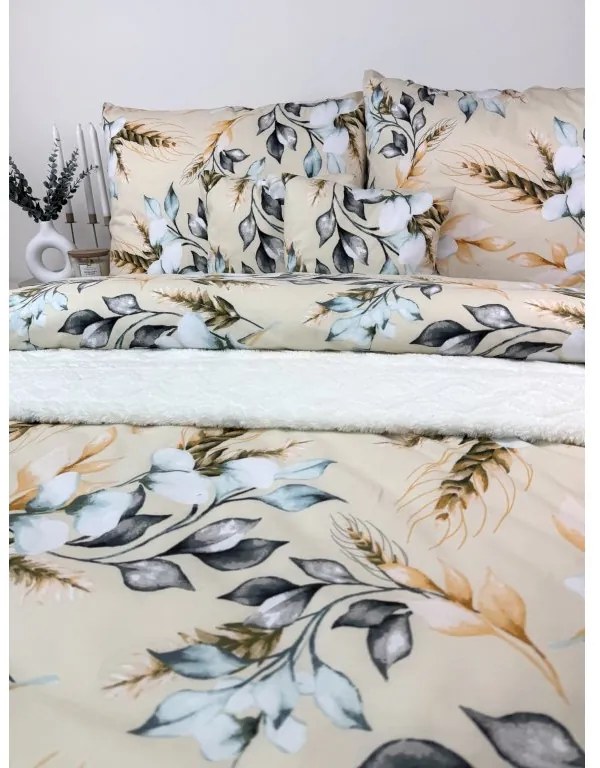 Obliečky Santorini 200x220 / 2×70x90 cm – 100% bavlna, prírodný dizajn, béžový podklad s modro-sivými a zlatistými motívmi, zips