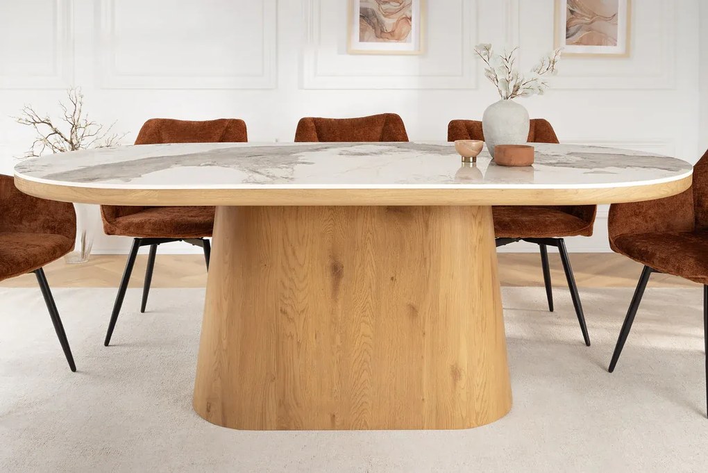 Jedálenský stôl UNIQUE 200 cm oválny rám z dubového dreva s dyhovanou keramikou a doskou z bieleho mramoru