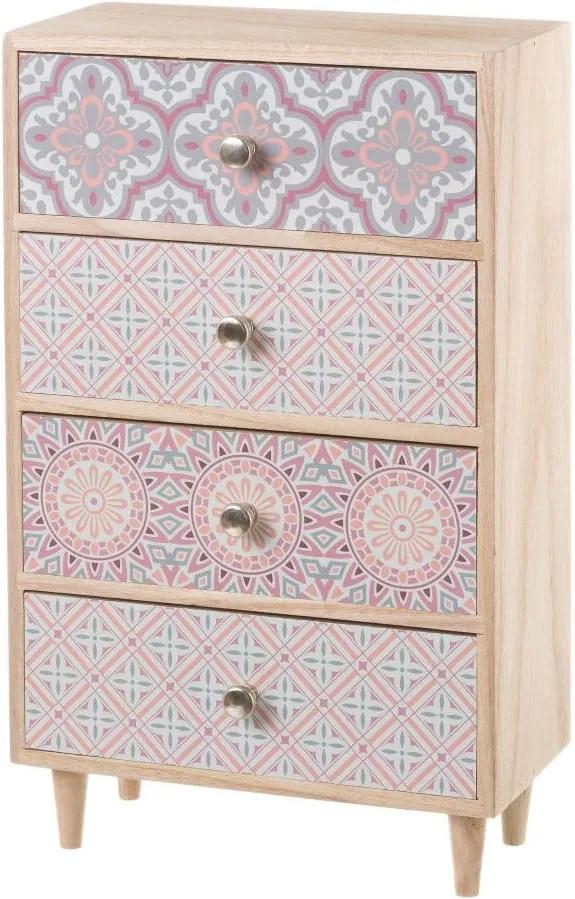 Ružová skrinka so 4 zásuvkami s dekoratívnymi motívmi Unimasa, výška 36,5 cm