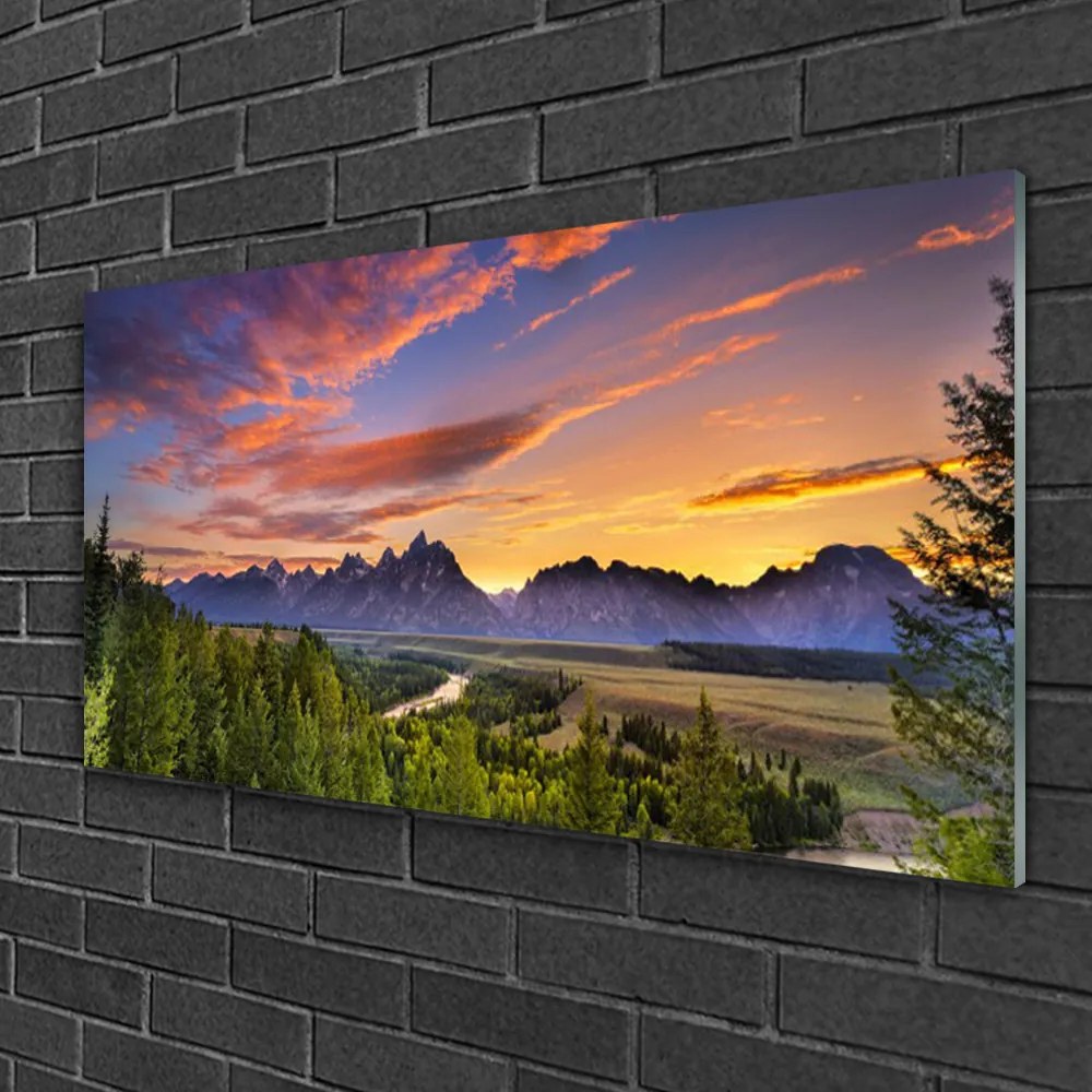 Skleneny obraz Hora les slnko príroda 125x50 cm