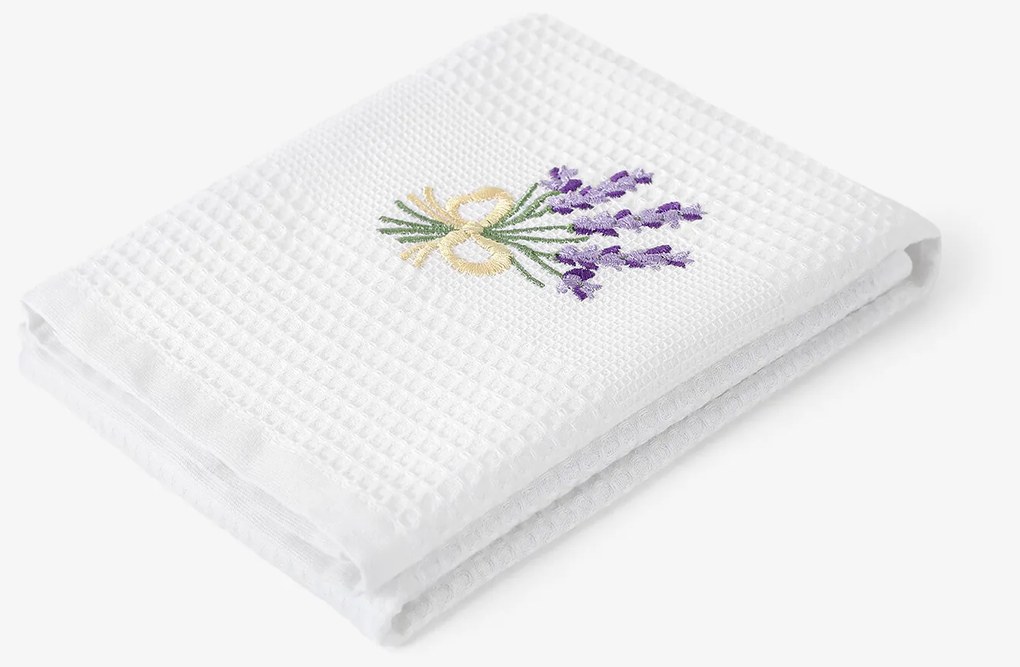 Goldea kuchynská vaflová utierka s výšivkou - levandule na bielom 50 x 70 cm