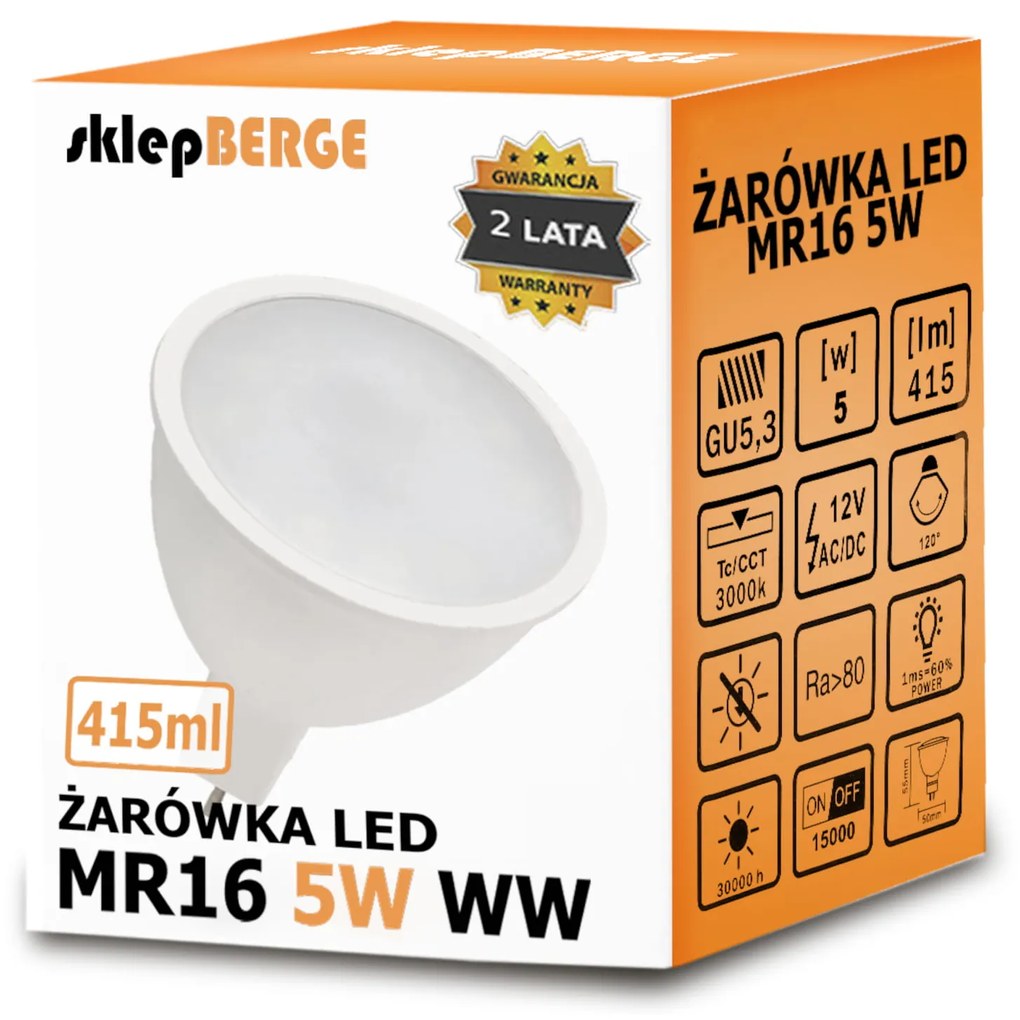 MILIO LED žiarovka 12V - MR16 - 5W - 415 lm - teplá biela