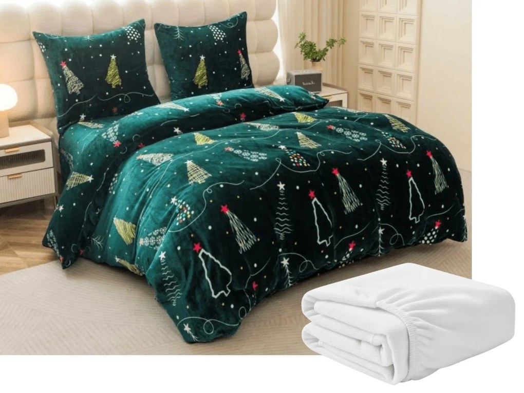 Sada 2ks mikroplyšových obliečok CHRISTMAS DRIFT zelené + plachta mikroplyš SOFT 180x200 cm biela, dvojlôžko