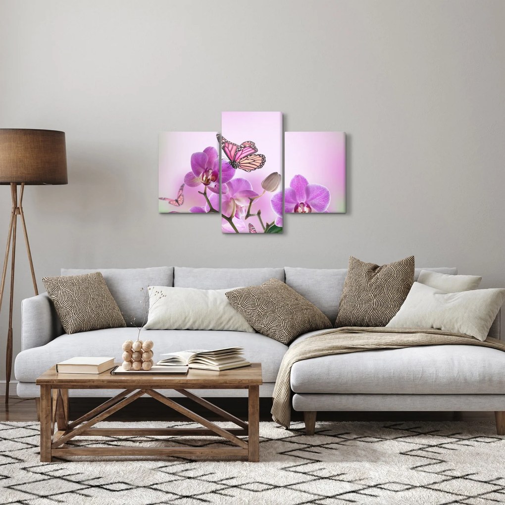 Obraz - Motýľ na kvetoch orchidey, lila (90x60 cm)