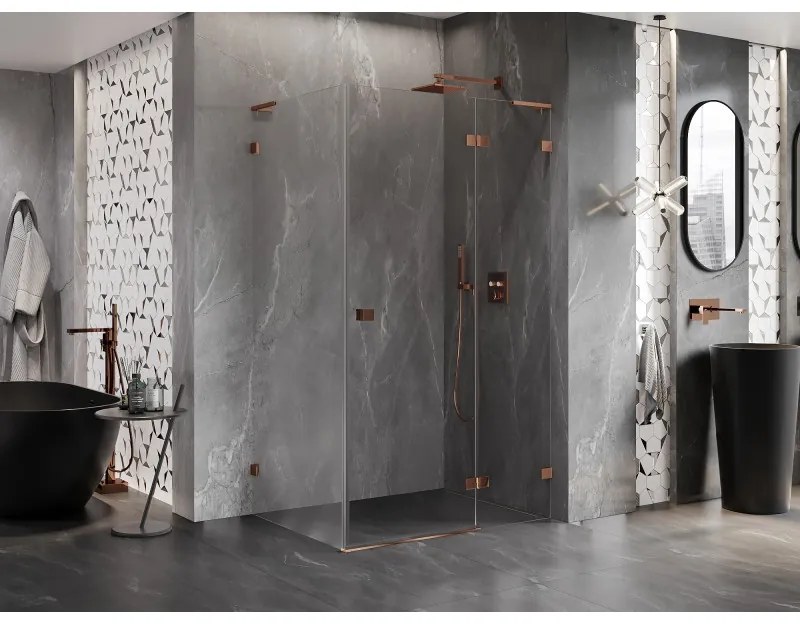 Mexen Lunar, L pravý výklopný sprchový kút 85 x 80 cm, 8mm číre sklo, profil ružové zlato, 834L-085-080-60-00-P