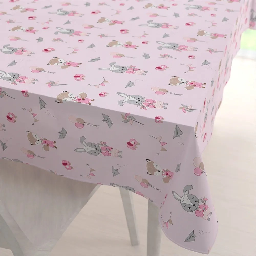 Biante Detský bavlnený obdĺžnikový obrus Sandra SA-466 Zajačikovia a líšky s balónikmi na ružovom 80x120 cm