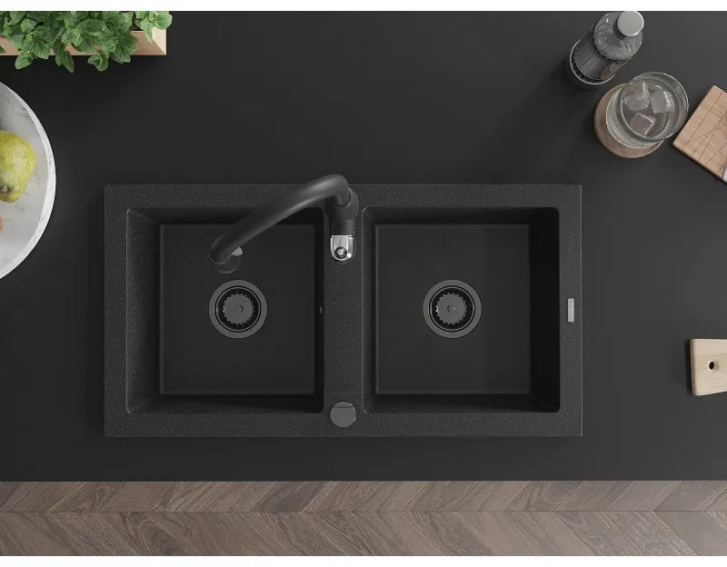Mexen Mario, 2-komorový granitový drez 820x436x161 mm a drezová batéria Savita, čierna-strieborná metalíza, 6504-73-672601-70-B