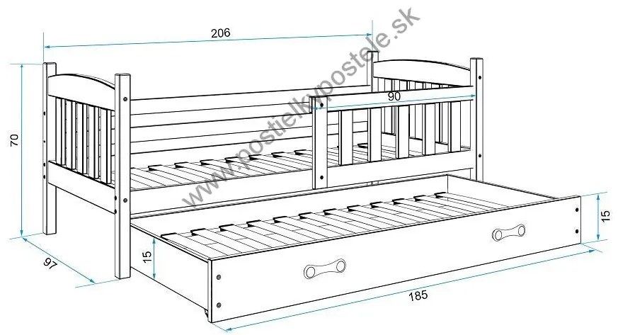 Posteľ s prístelkou KUBO 2 - 200x90cm Borovica - Zelený