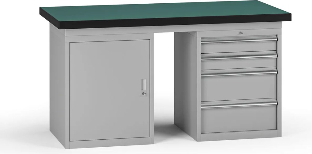 Pracovný stôl do dielne G8, 1500 x 750 x 800 mm, 1x skrinka, 1x kontejner, 4 zásuvky, sivá