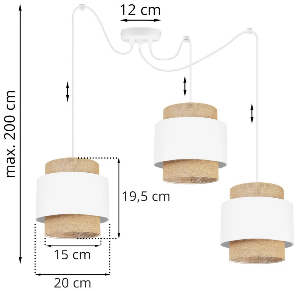 Závesné svietidlo BOHO SPIDER, 3x jutové/biele textilné tienidlo