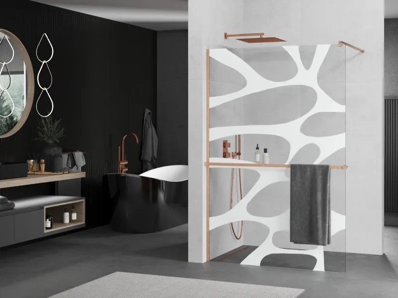 Mexen Kioto+, sprchová zástena Walk-In s poličkou a vešiakom 140 x 200 cm, 8mm číre sklo biely vzor, medený matný profil, 800-140-121-65-97