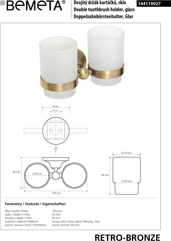 Bemeta Design RETRO bronz: Držiak kefiek, dvojitý, sklo - 144110027