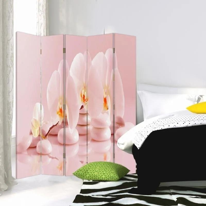 Ozdobný paraván Orchidejové květinové zenové lázně - 180x170 cm, päťdielny, obojstranný paraván 360°