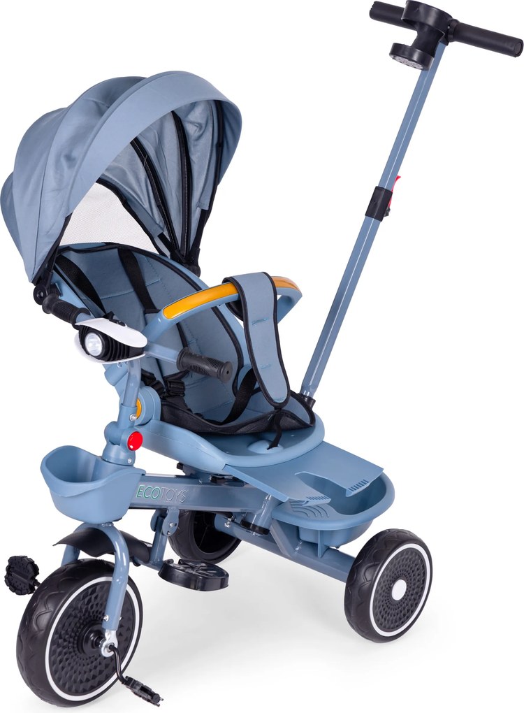Detská trojkolka ECOTOYS modrá s otočným sedadlom 360°, strieškou a bezpečnostnými pásmi