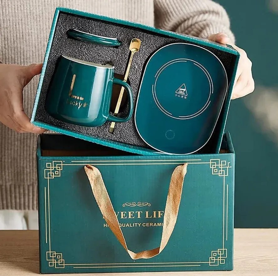 Sada keramického hrnčeka s elektrickým ohrievačom Lucky v darčekovom balení - green
