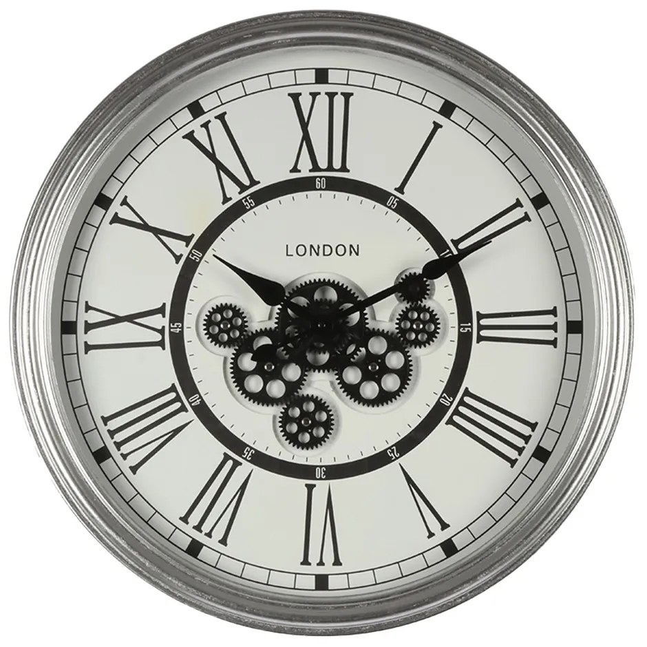 Strieborné antik nástenné hodiny s ozubenými kolieskami - Ø 60*10 cm