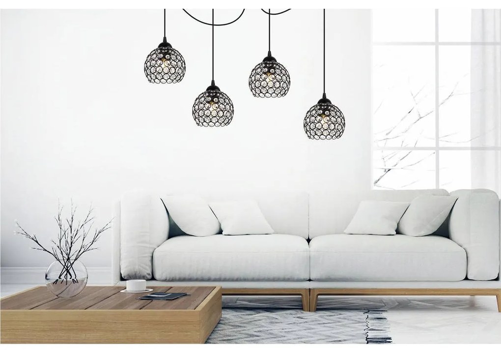 Závesné svietidlo Crystal Spider, 4x čierne krištáľové tienidlo