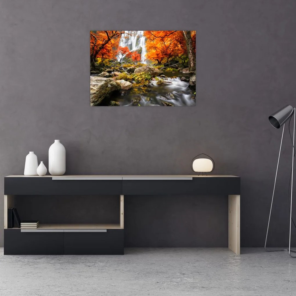 Sklenený obraz - Vodopády v oranžovom lese (70x50 cm)