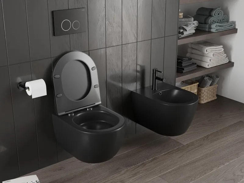 Mexen Carmen, závesná WC misa 490x365x340 mm, Rimless Tornádo + WC sedadlo z duroplastu, čierna matná, 30881085T