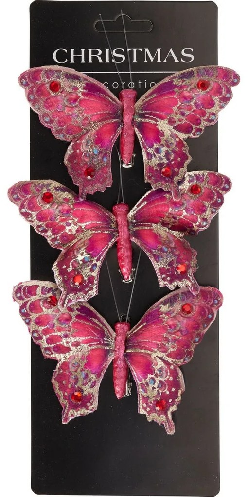 Set vianočných ozdôb Motýle, červená, 12x8x2cm, s klipom, SET 3 KS