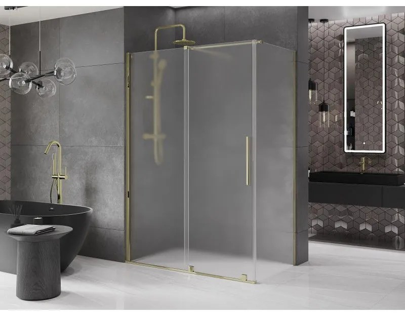 Mexen Velar, sprchový kút s posuvnými dverami 140 x 80 cm, 8mm sklo námraza, zlatá lesklá, 871-140-080-31-50