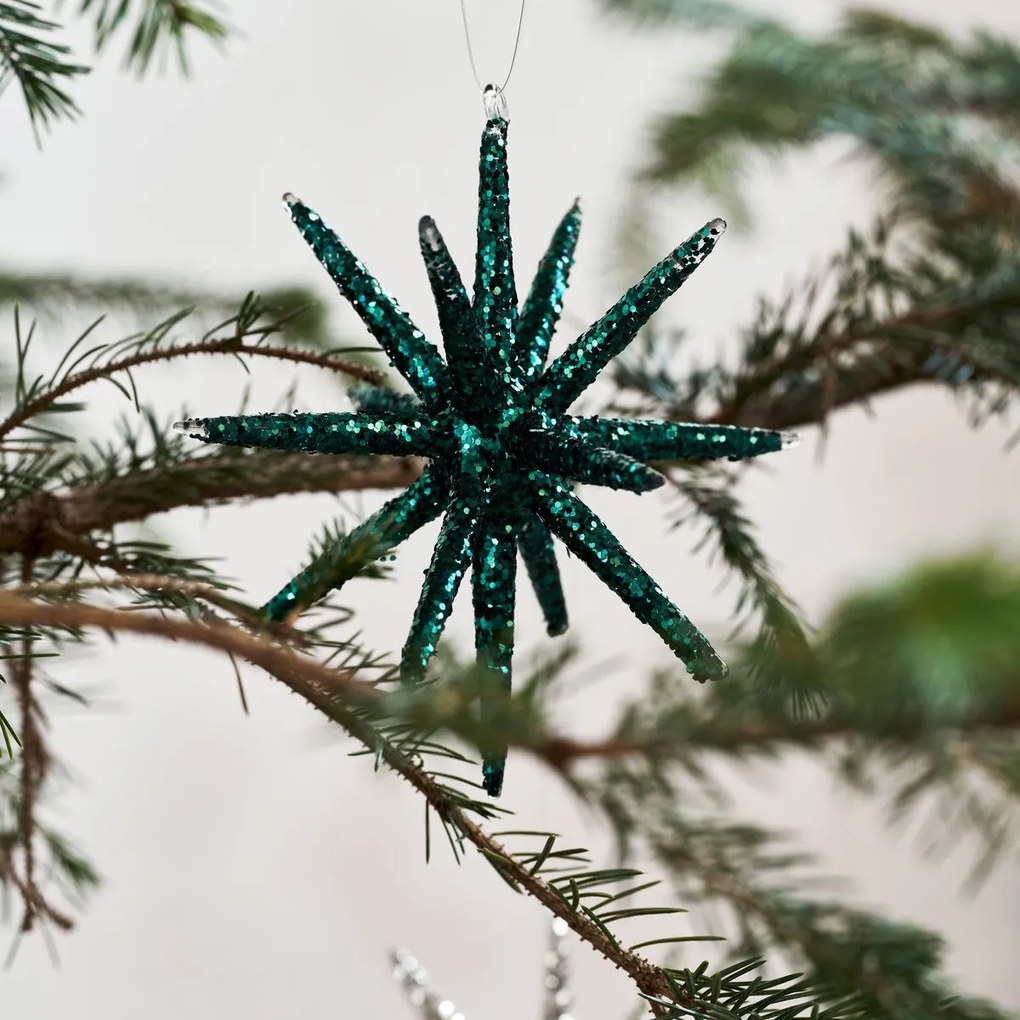 House Doctor Sklenená vianočná ozdoba Spike Green Glitter 12 cm