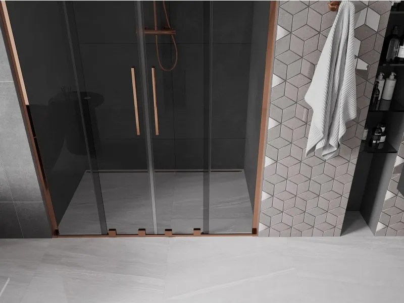 Mexen Velar L Duo, posuvné sprchové dvere do otvoru 140 cm, 8mm šedé sklo, ružové zlato, 871-140-003-42-60