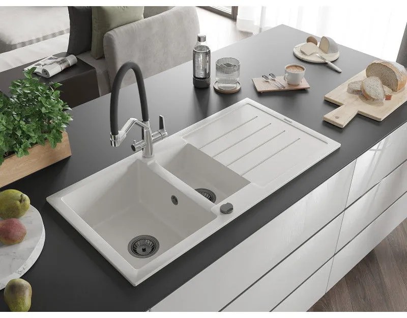 Mexen Andres, granitový drez 1000x500x200 mm, 1,5-komorový a drezová batéria Duo, biela, 6515-20-671701-07-B
