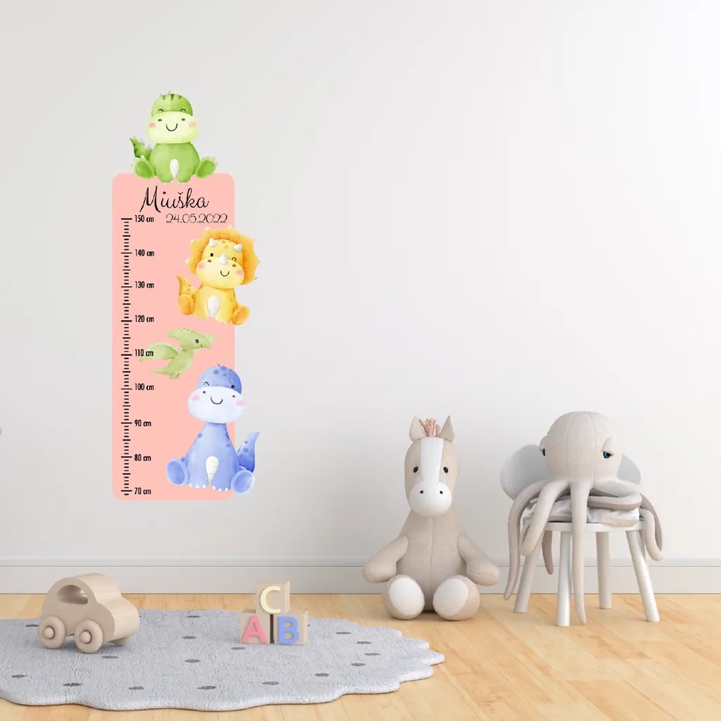 50x120cm Detský meter s menom - Dinosaury - textilná nálepka na stenu