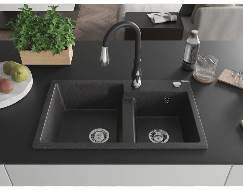 Mexen Tomas, granitový drez 800x500x190 mm, 2-komorový a drezová batéria Savita, čierna škvrnitá, 6516-76-672601-70