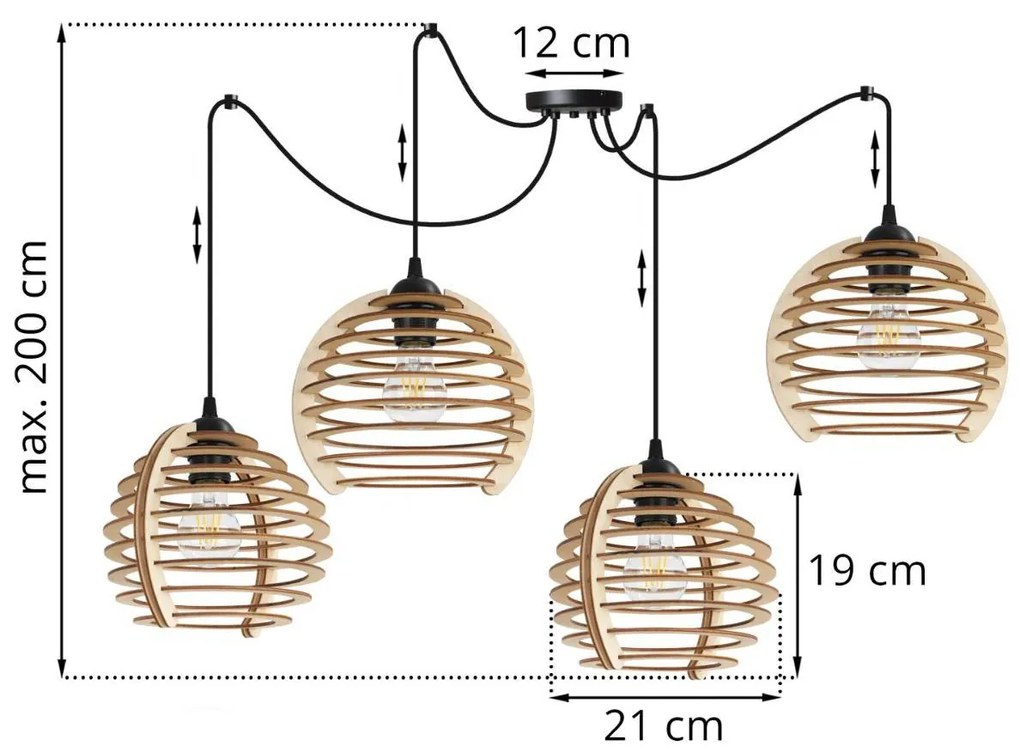 Závesné svietidlo Timber spider, 4x drevené tienidlo, n