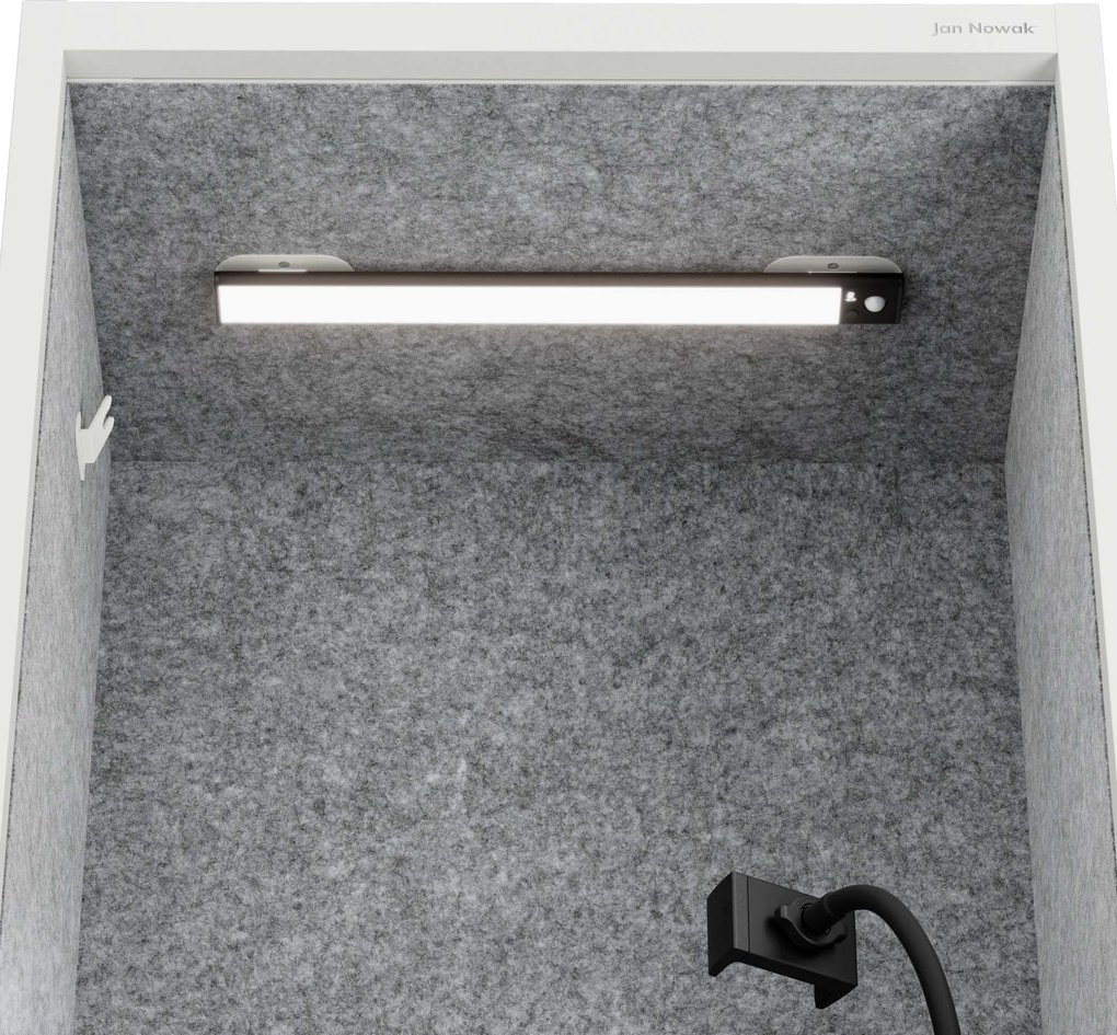 Kancelárska akustická kabína so sedadlom a portom USB-C, telo v biely / sedák sivá v zelenej farbe, 600 mm: SALLY MentalBox