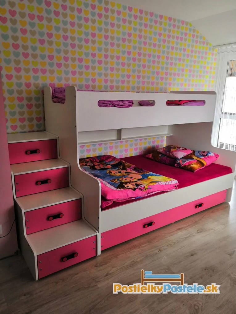 MAX 3 - Poschodová posteľ (rozšírená) s prístelkou - 200x120cm - Biely - Ružový