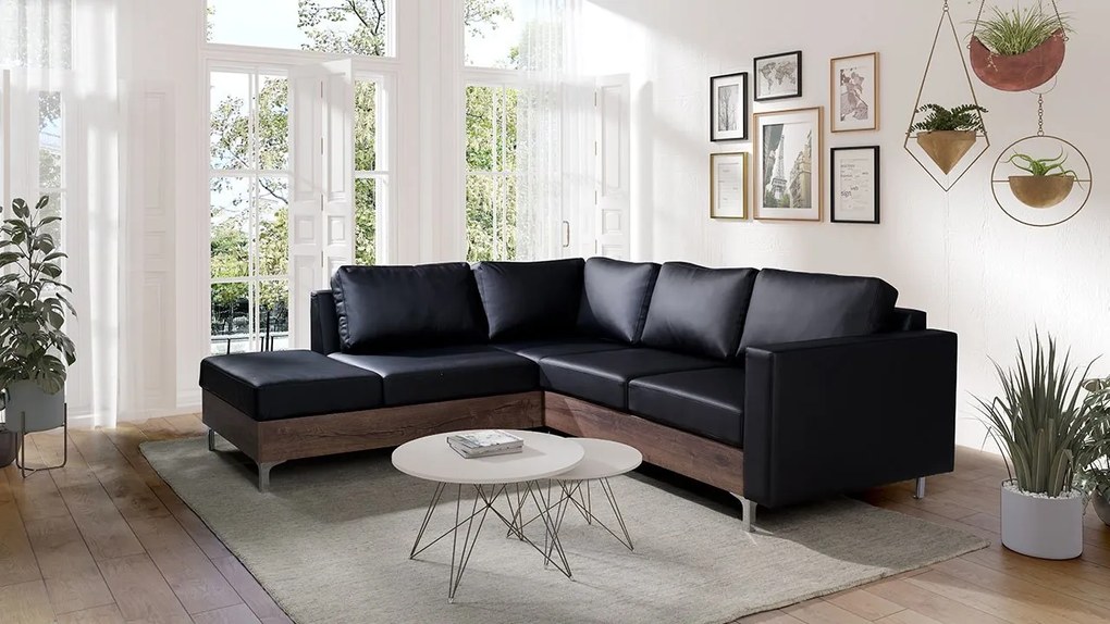 Rohová pohovka Hermes Wood, Farby: ekokoža Soft 011 (čierna), Farby nožičiek: dub artisan, Strana: ľavá