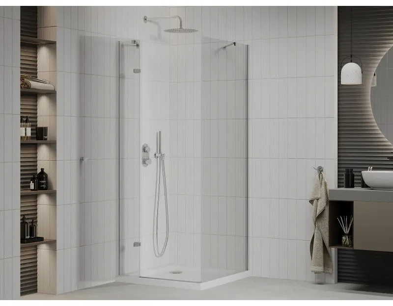 Mexen Roma, sprchovací kút 90 (dvere) x 90 (stena) cm, 6mm číre sklo, chrómový profil + slim sprchová vanička 5cm, 854-090-090-01-00-4010