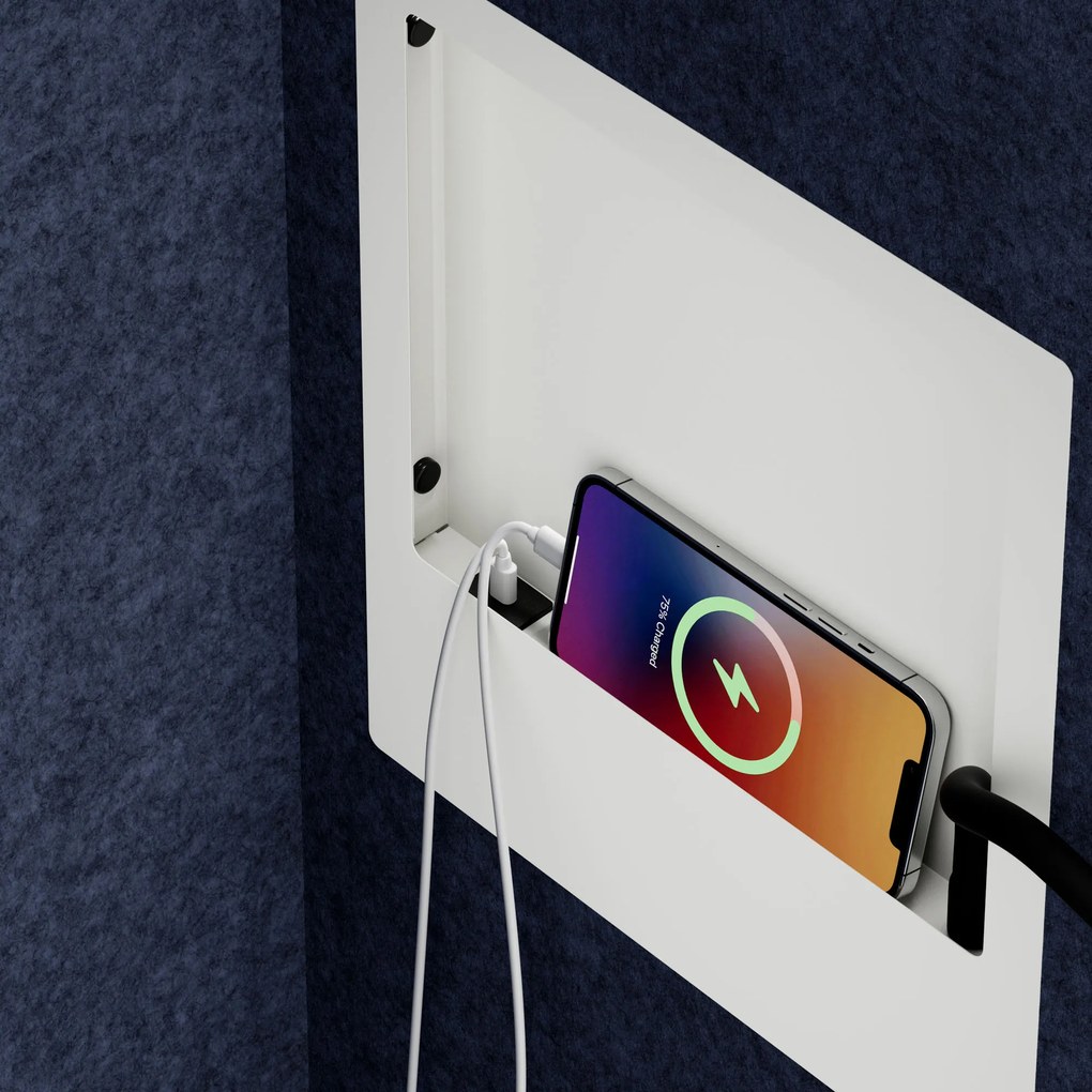 Kancelárska akustická kabína so sedadlom a portom USB-C, telo v biely / sedák tmavomodrá v zelenej farbe, 600 mm: SALLY MentalBox