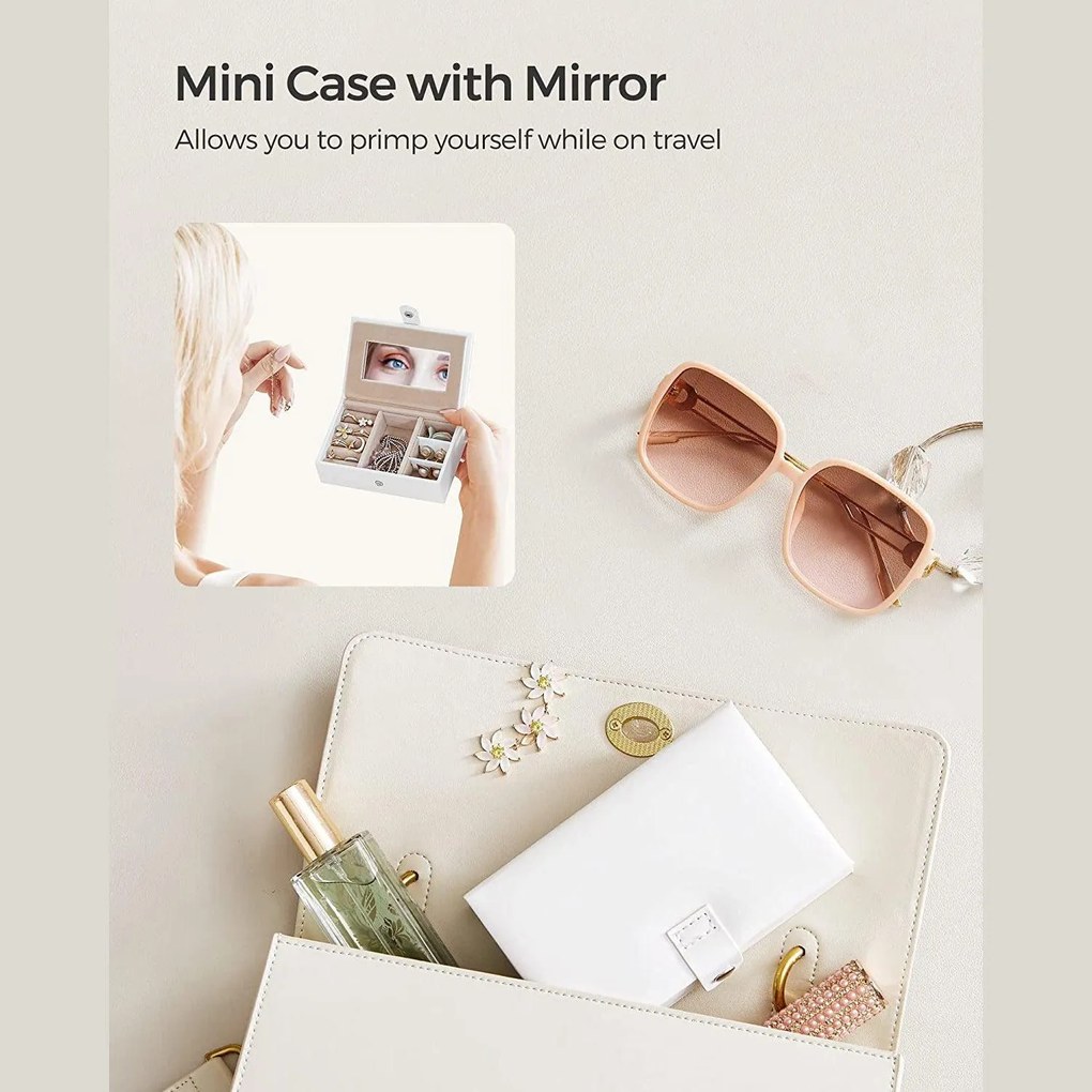 Šperkovnica s 2 zásuvkami, uzamykateľná, so zrkadlom, biela