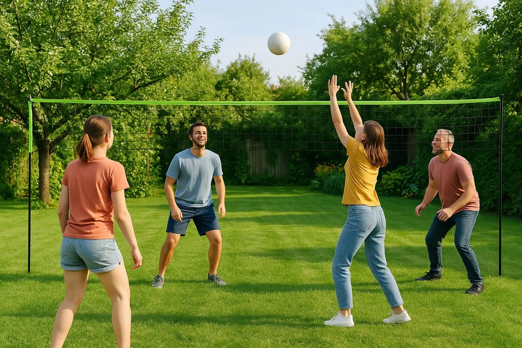 MOVEPRO Sieť na volejbal a bedminton 600×242 cm – skladací kovový rám, set s loptou a pumpou
