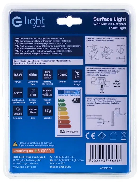 LED svietidlo + bočné svetlo, 1x LED 0,5w 4000k, w, pohybový senzor