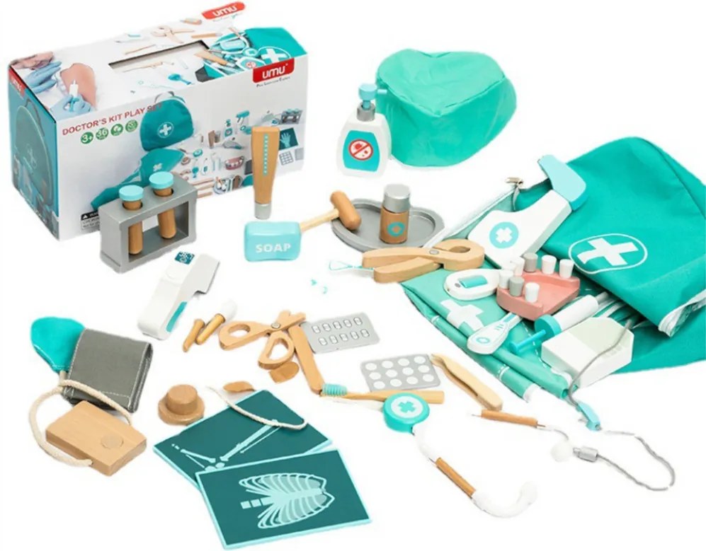 LEAN Toys Lekárska súprava „Malý doktor – zubár“, drevená lekárnička, plášť, 20 ks
