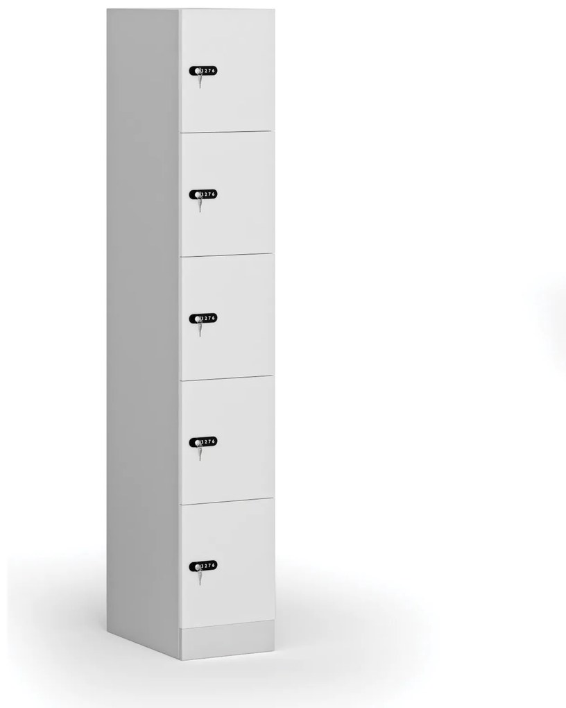 Šatníková skrinka s úložnými boxmi, 5 boxov, 1850 x 300 x 500 mm, mechanický kódový zámok, laminované dvere, biela