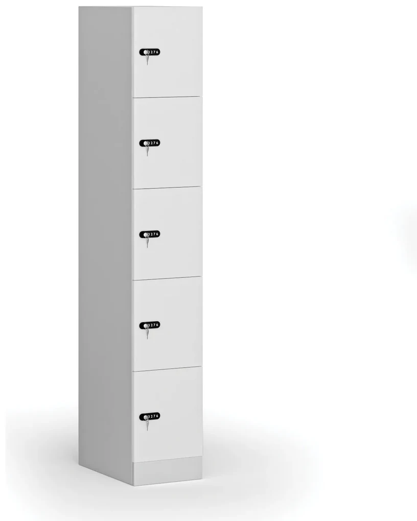 Šatníková skrinka s úložnými boxmi, 5 boxov, 1850 x 300 x 500 mm, mechanický kódový zámok, laminované dvere, biela