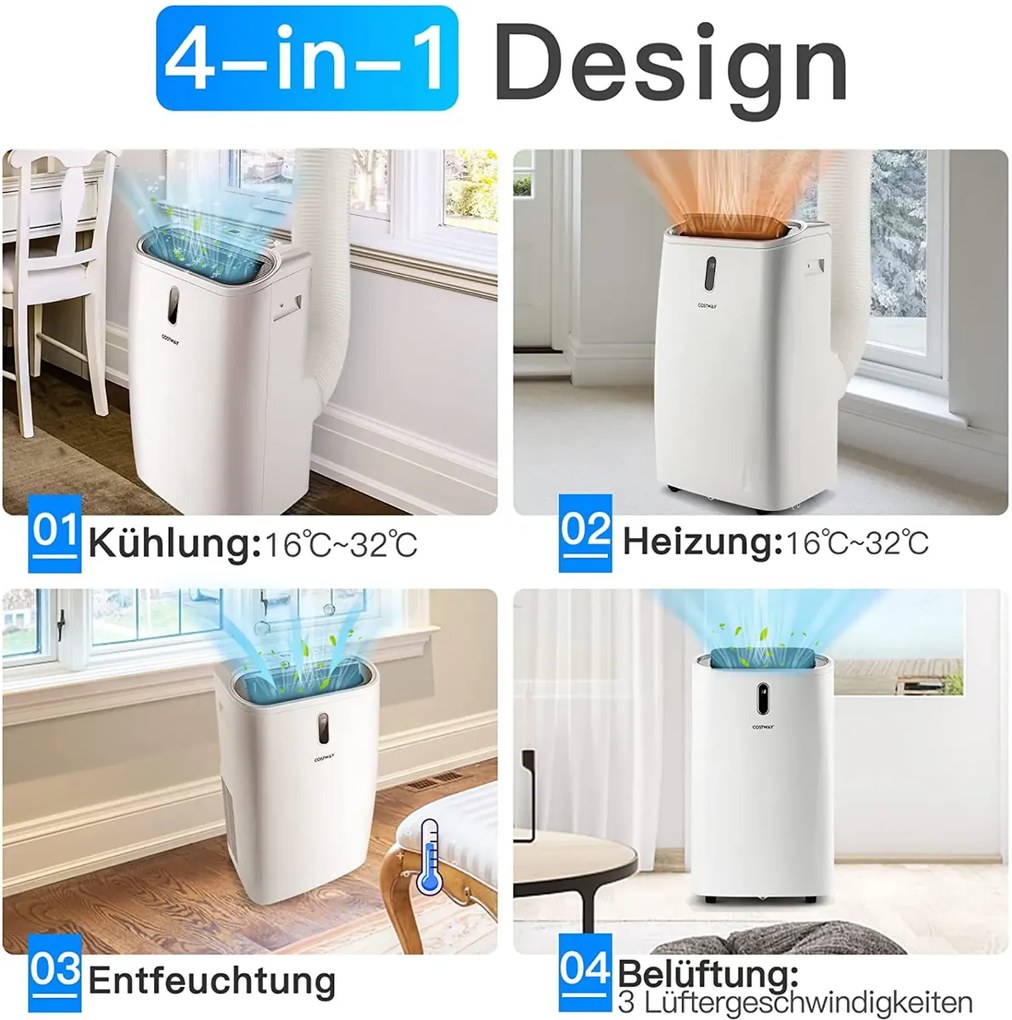 5 v 1 klimatizácia 14000 BTU vykurovanie a chladenie a ventilátor a odvlhčovanie Prenosná klimatizácia pre 40 ㎡ 44,5 x 39 x 77 cm biela