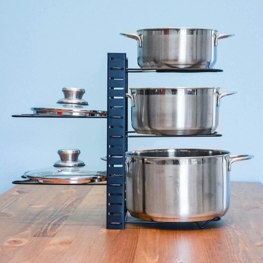 Goodhome Organizér na pokličky a pánve, černý, 11 flexibilních přepážek, nastavitelná šířka 28 -57 cm MERLIN