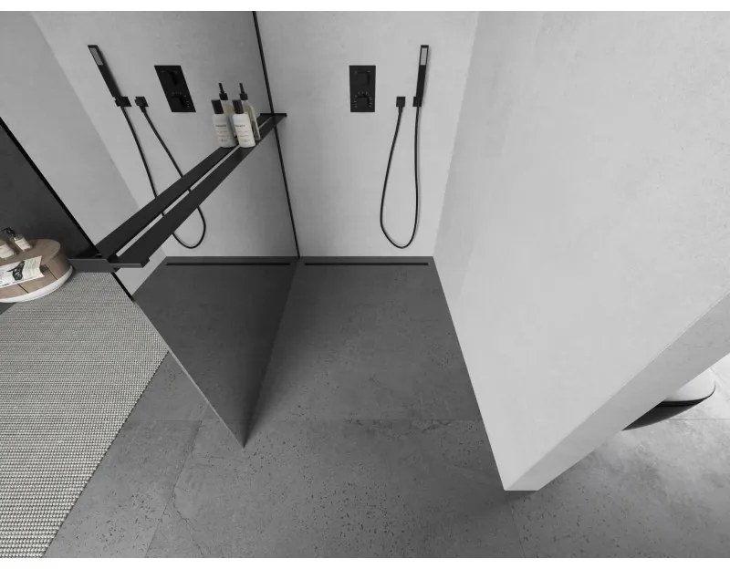 Mexen Kioto+ L, sprchová zástena Walk-In s poličkou a vešiakom 90 x 200 cm, 8mm sklo vzor zrkadlo, čierny profil, 800-090-123-70-50